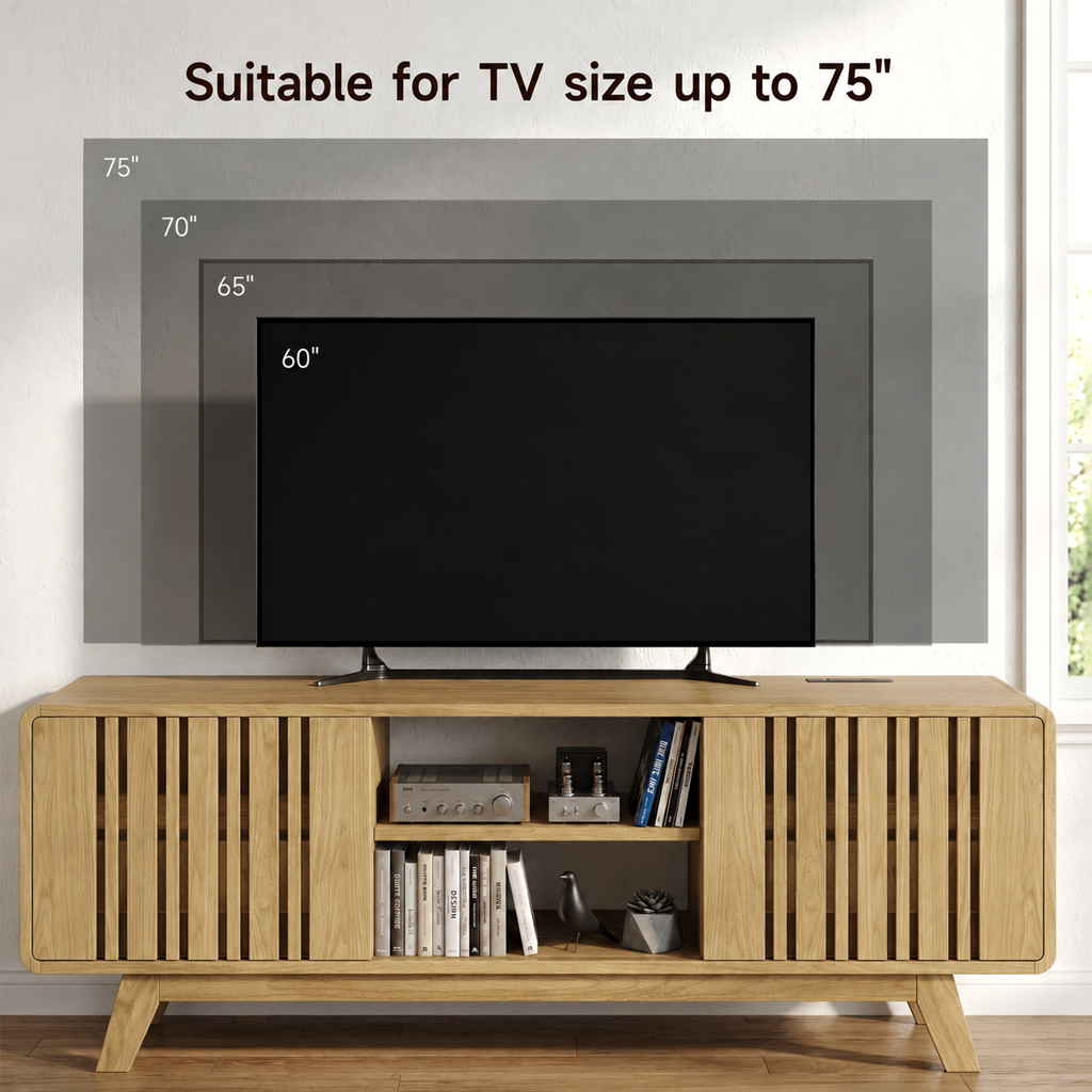 Mid Century TV Stand With Sliding Grille Doors And Open Shelf For Living Room