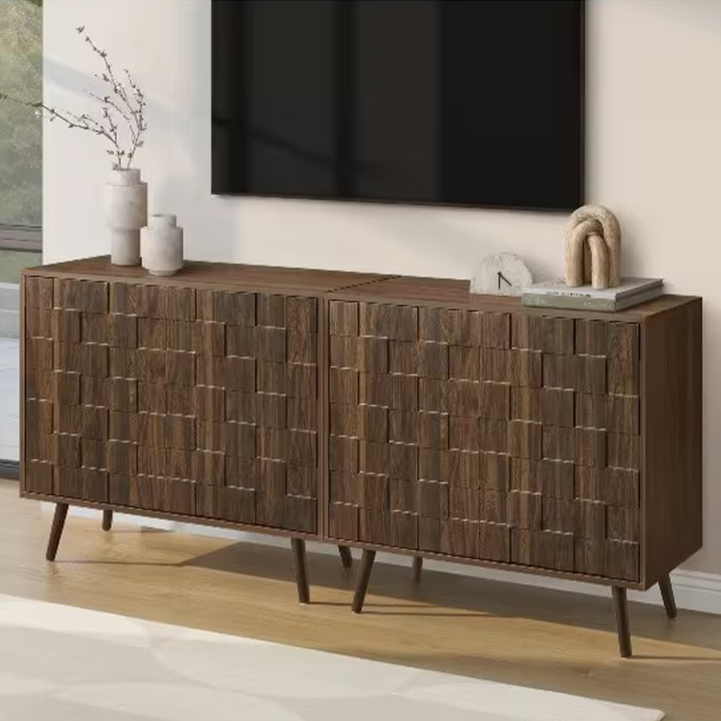 Classic Accent Storage Cabinet With Geometric Fluted Doors And Adjustable Shelf For Living Room