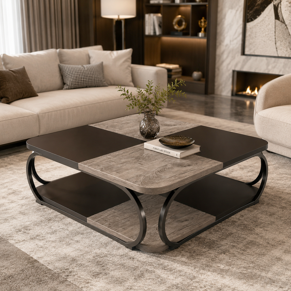Industrial Coffee Table With Wood Look Surface, Metal Frame And Open Storage Shelf For Living Room And Home Office