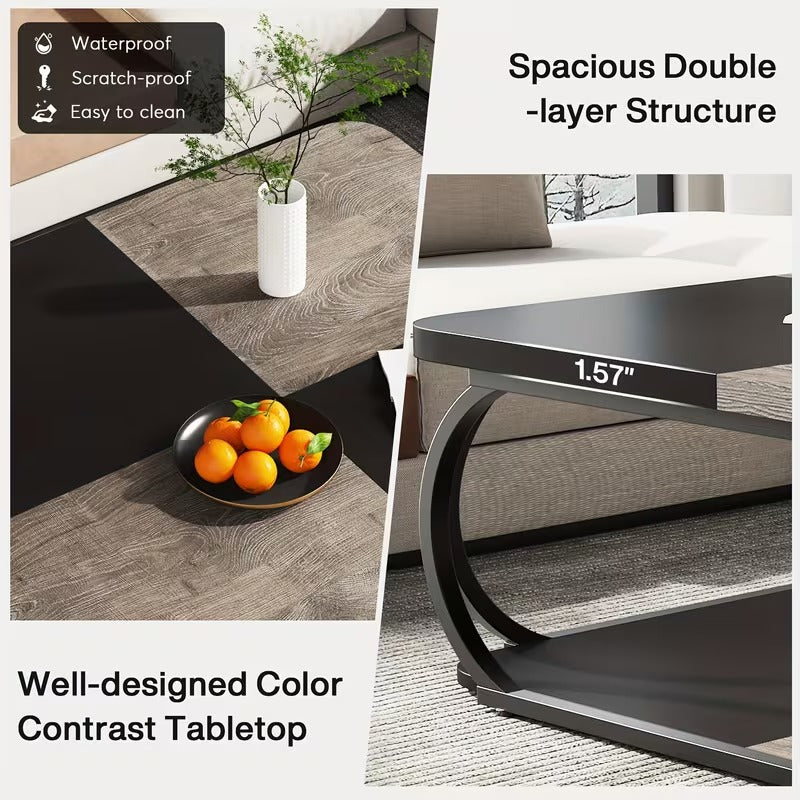 Industrial Coffee Table With Wood Look Surface, Metal Frame And Open Storage Shelf For Living Room And Home Office