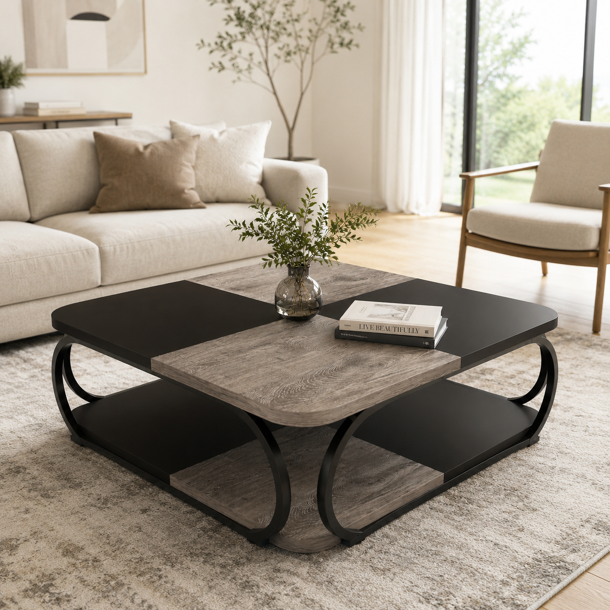 Industrial Coffee Table With Wood Look Surface, Metal Frame And Open Storage Shelf For Living Room And Home Office