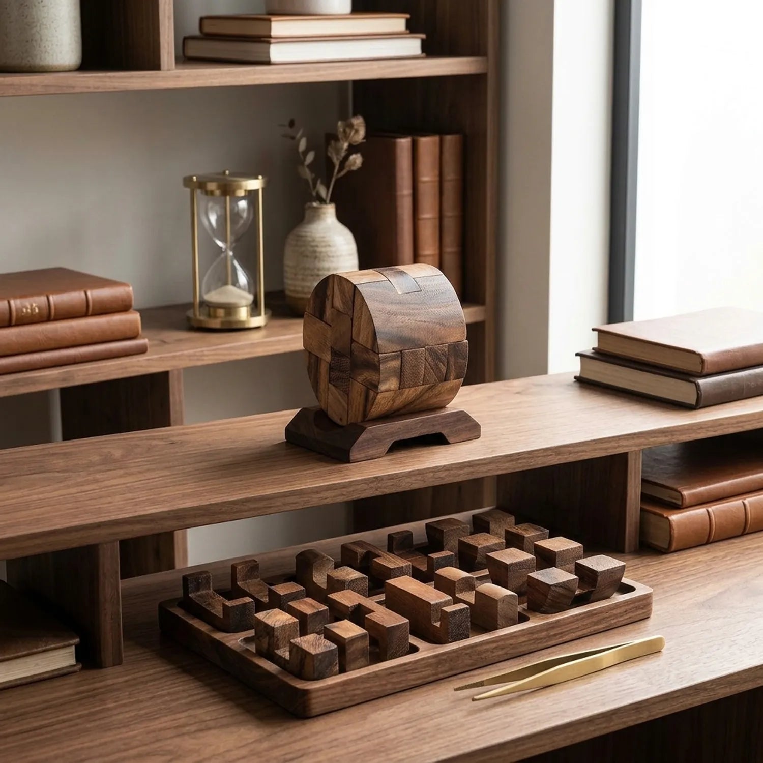 Wooden Cylinder Cube Puzzle Mechanical Brain Teaser Office Decor