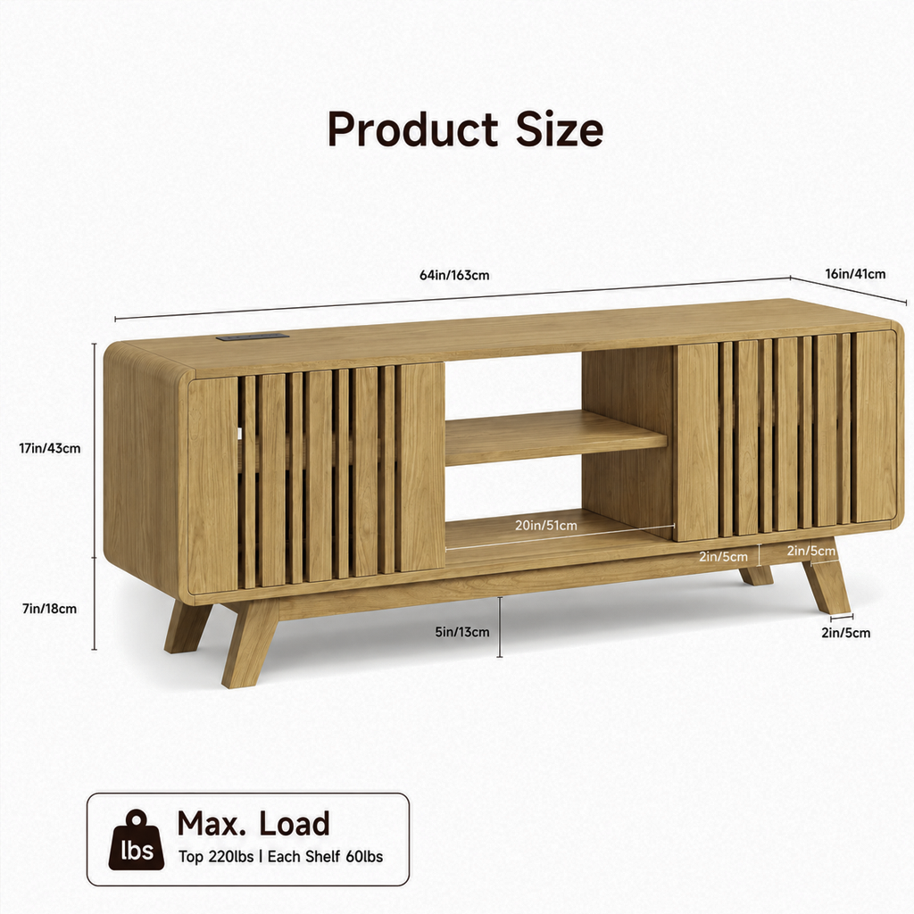 Mid Century TV Stand With Sliding Grille Doors And Open Shelf For Living Room