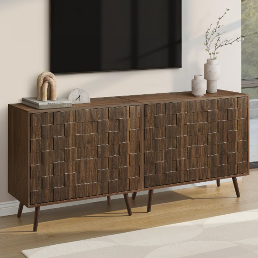 Classic Accent Storage Cabinet With Geometric Fluted Doors And Adjustable Shelf For Living Room