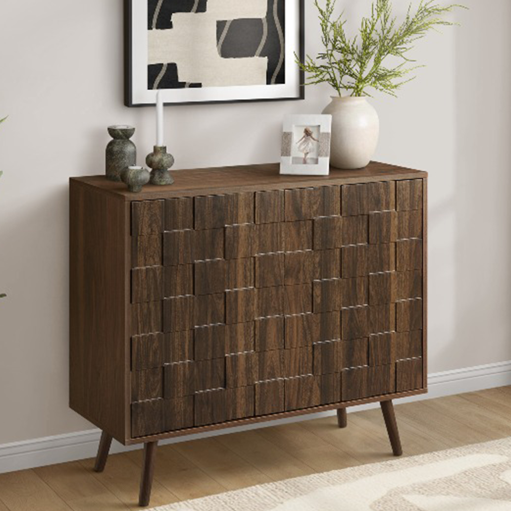 Classic Accent Storage Cabinet With Geometric Fluted Doors And Adjustable Shelf For Living Room