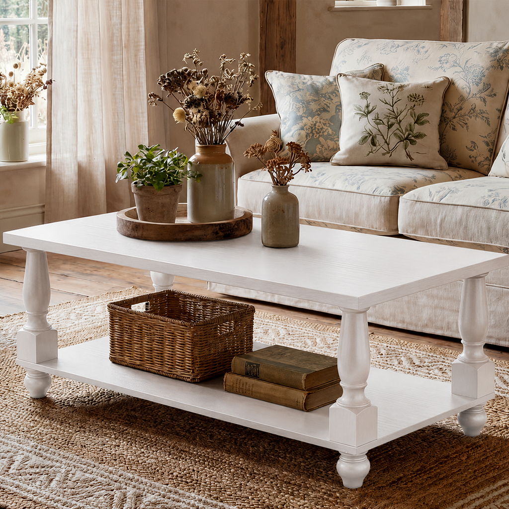 Farmhouse Rectangular Coffee Table With Turned Legs And Lower Storage Shelf For Living Room