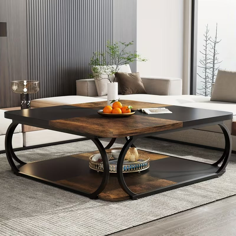 Industrial Coffee Table With Wood Look Surface, Metal Frame And Open Storage Shelf For Living Room And Home Office